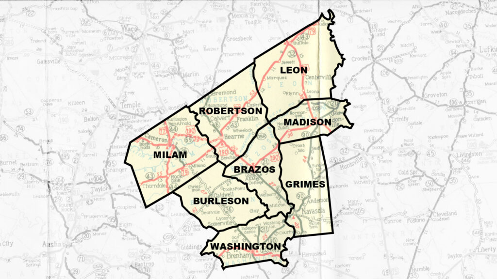 Map of Brazos County and its neighboring counties