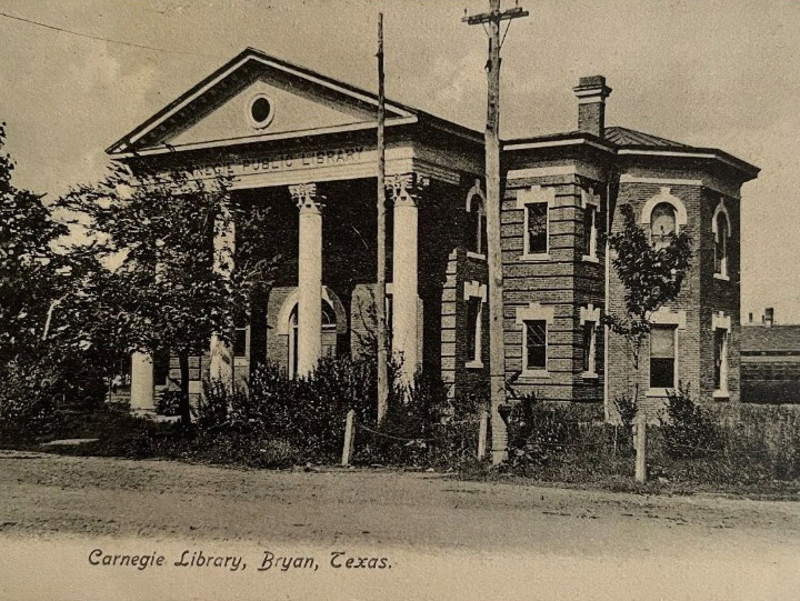 Historic postcard of the Carnegie Public Library in Bryan, Texas